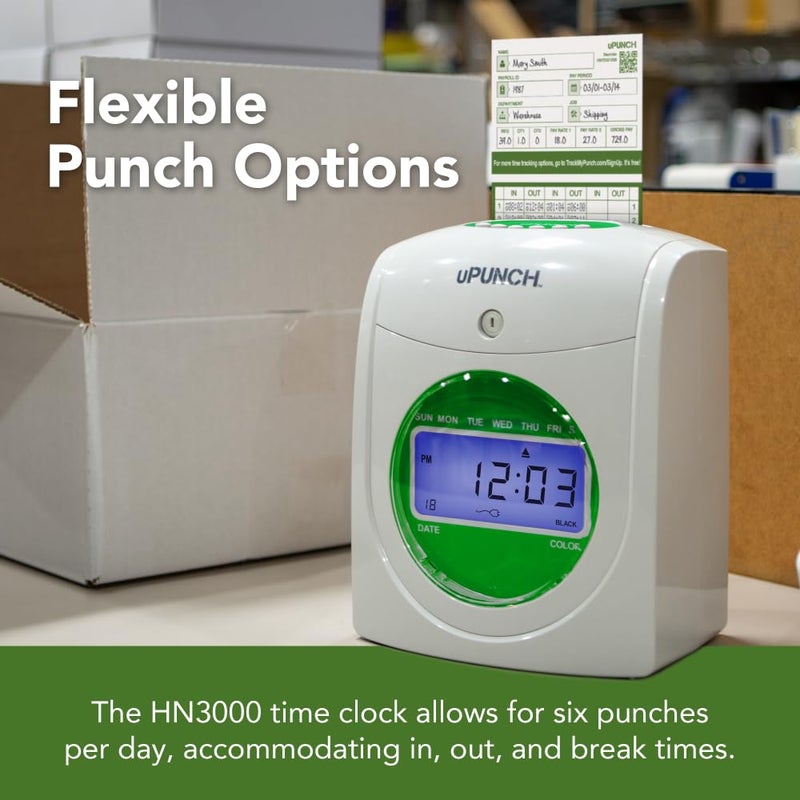 uPunch HN3500 Advanced Time Clock Bundle for Small Business: Complete Employee Time Tracking System with 100 Time Cards, 2 Racks, 2 Ribbons, and 6 Keys - Image 5